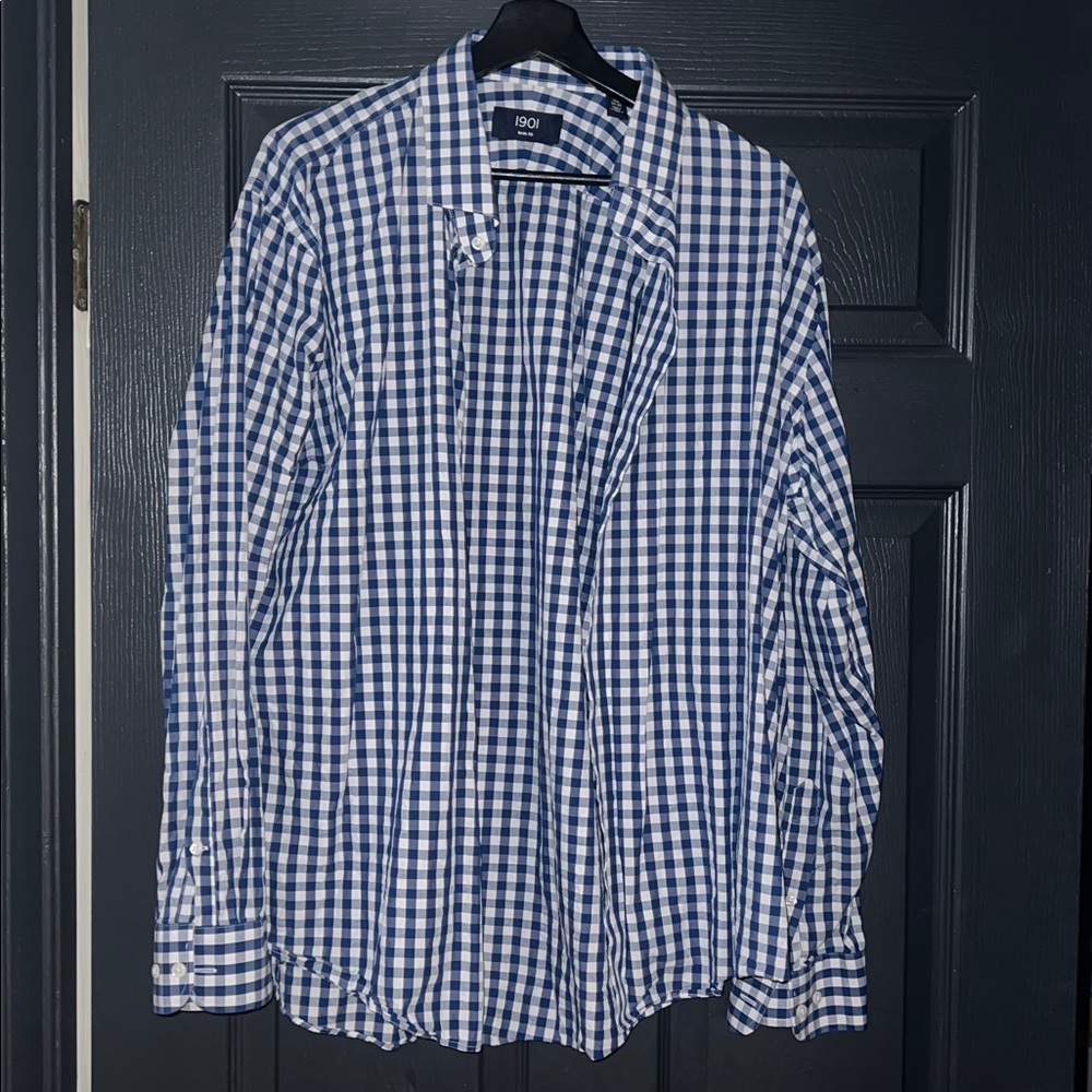 1901 Men Trim Fit Shirt Long Sleeve Blue Checkered Plaid Button-Up 17.5/34-35